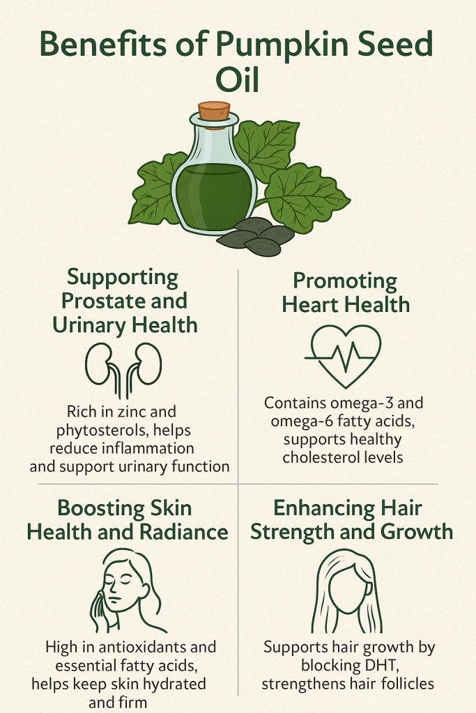 Discover the benefits of pumpkin seed oil. Support your heart, skin, hair, and prostate health naturally with this nutrient-rich superfood oil.