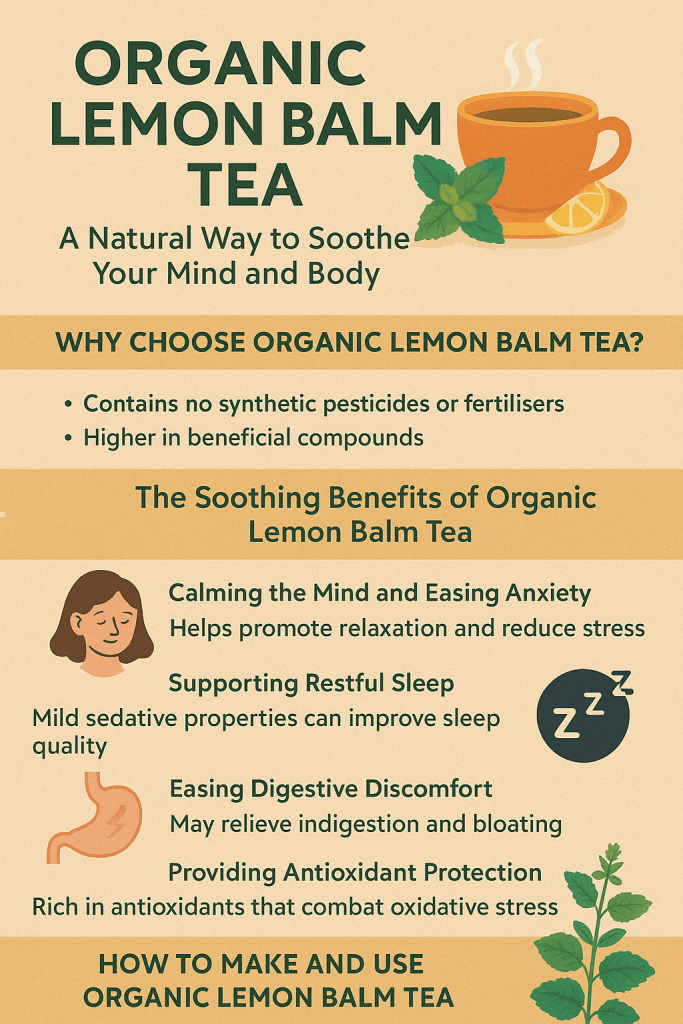 Discover the soothing benefits of organic lemon balm tea. Learn how this gentle herbal brew can help ease stress, improve sleep, and support digestion.