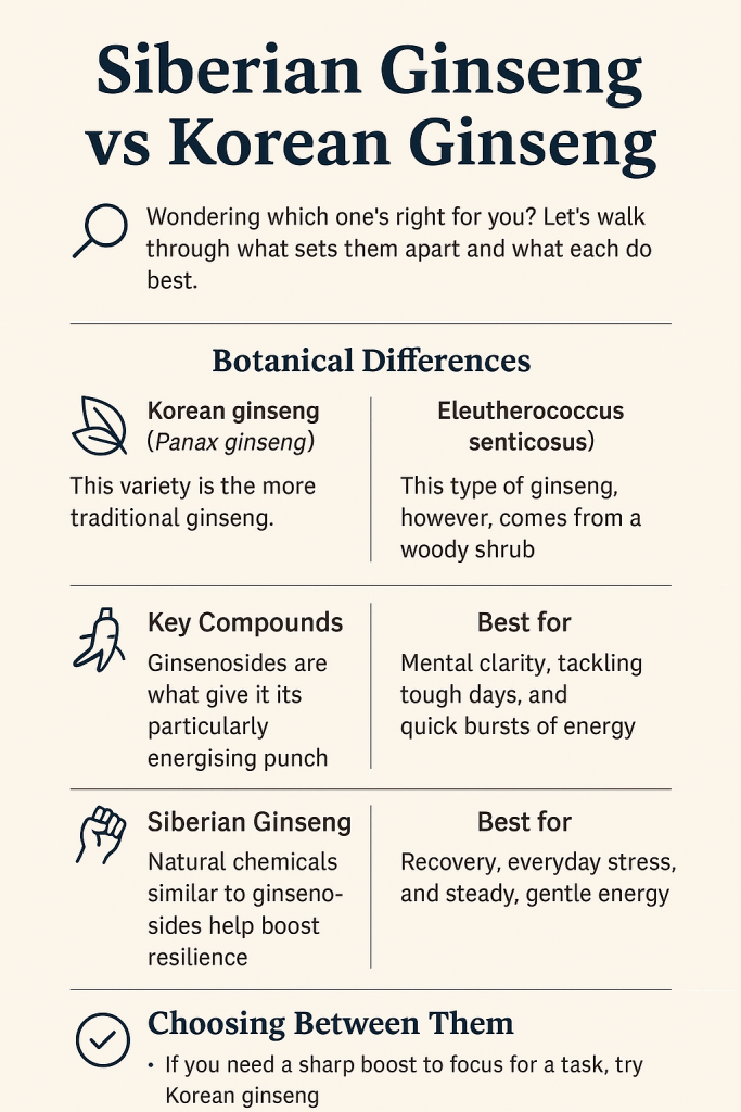Discover the difference between Siberian ginseng vs Korean ginseng. Learn which one is best for energy, stress, and performance. Read more..