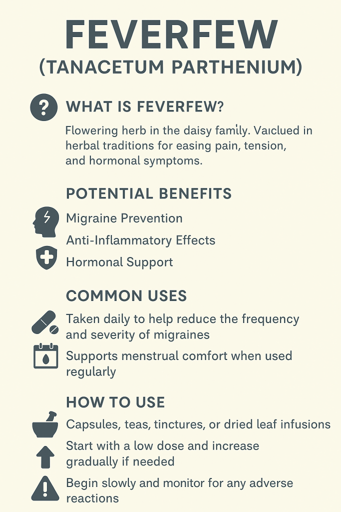 Explore how tanacetum parthenium, also called feverfew, supports headache relief, inflammation, and hormonal balance, with tips for safe use.