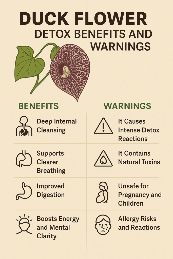 Discover the powerful detox effects of duck flower, its health benefits, and the important safety warnings you should know before trying it.