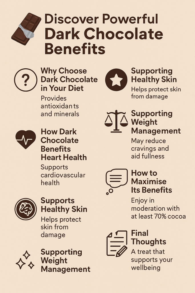 Discover dark chocolate health benefits for your heart, brain, and skin. Learn why this antioxidant-rich treat supports your wellbeing.