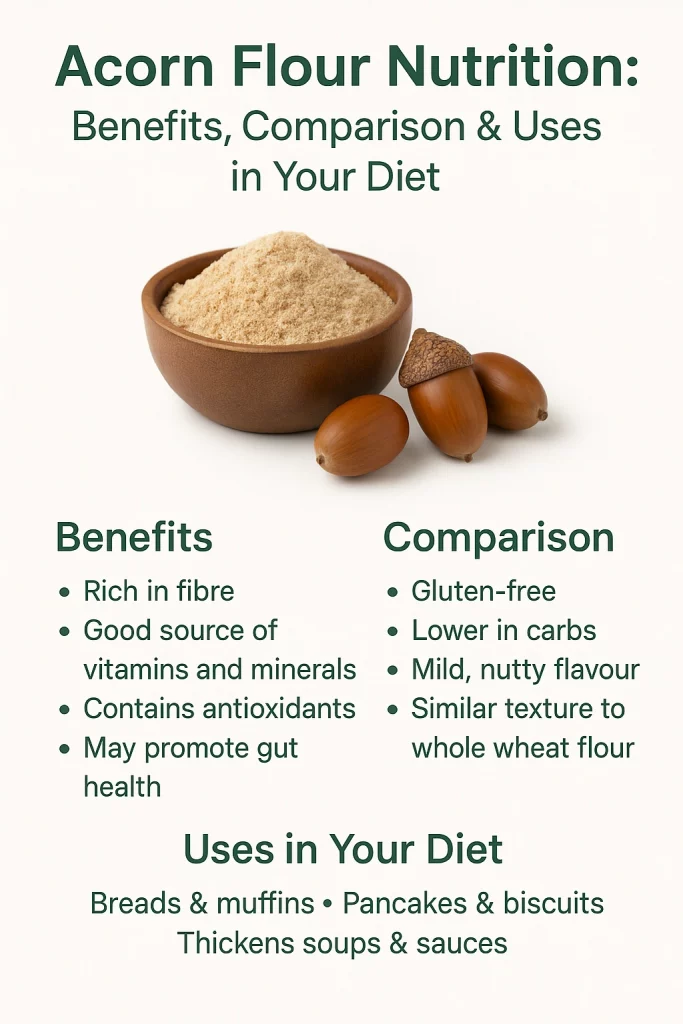 Acorn Flour Nutrition, its health benefits, and how it compares to wheat and almond flours. A gluten-free, fibre-rich superfood worth trying!