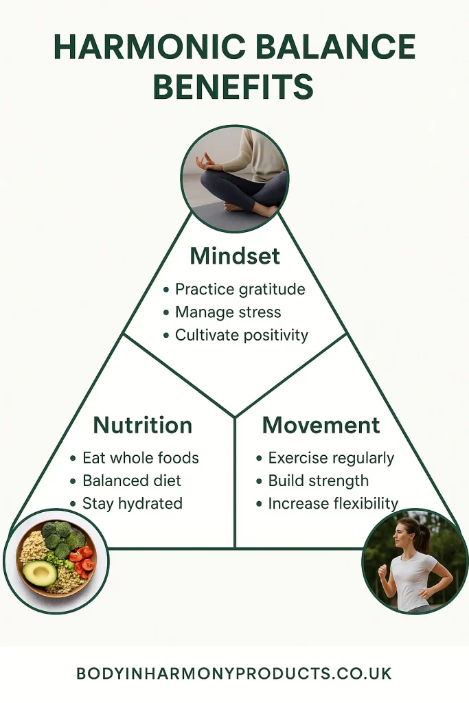 Harmonic balance benefits of aligning mindset, healthy eating, & daily movement. Learn the triangle of harmony support long-term wellbeing.