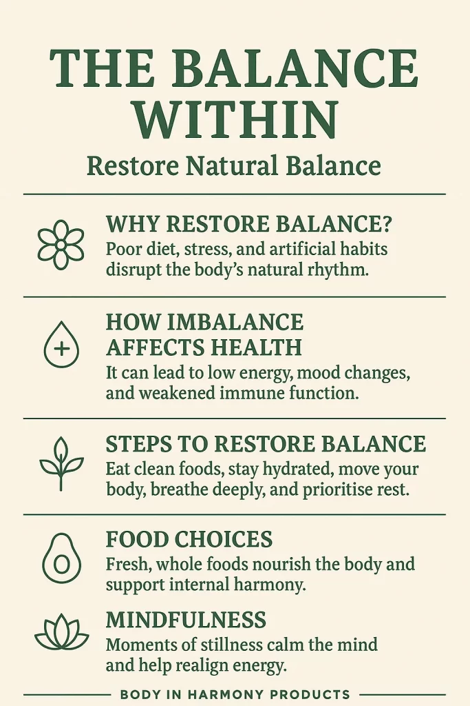 How to restore natural balance through clean living, nutrition, and mindfulness. Learn simple ways to realign your body’s natural rhythm.