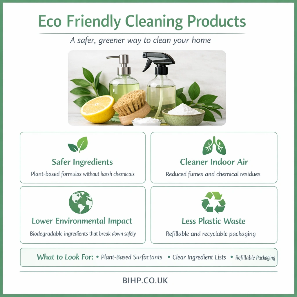 Eco friendly cleaning products offer a safer, greener way to keep your home clean. The benefits, ingredients to avoid, and smarter choices.