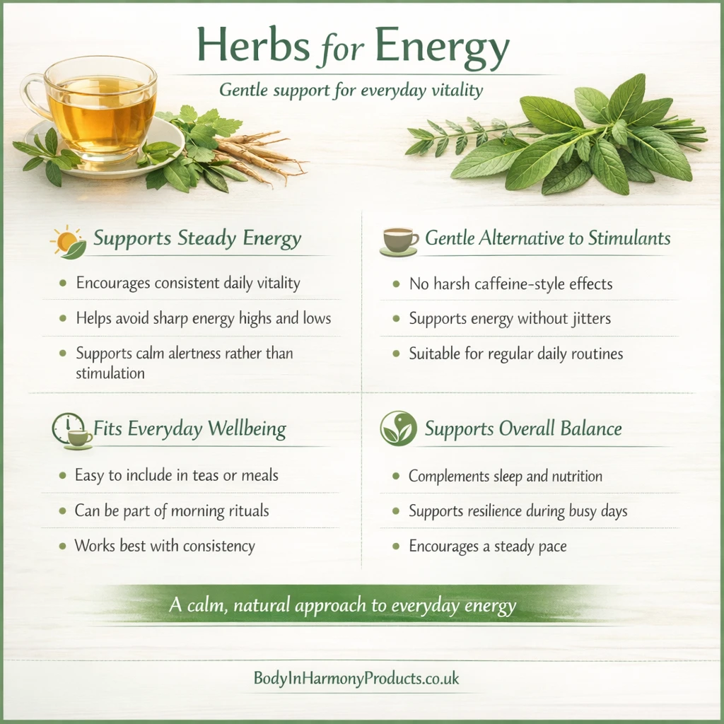 Herbs for energy can support steady vitality without overstimulation. Learn how natural energy support fits into balanced daily wellbeing.