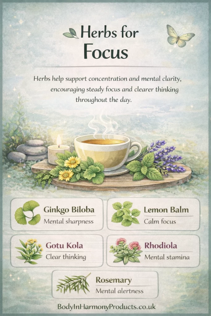 Herbs for focus gently support mental clarity and calm alertness, helping concentration feel steadier and more balanced throughout the day.
