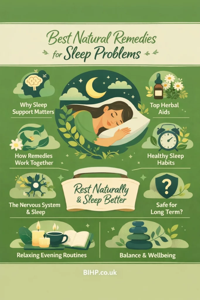 Best natural remedies for sleep problems support deeper rest by calming the nervous system and encouraging natural sleep rhythms