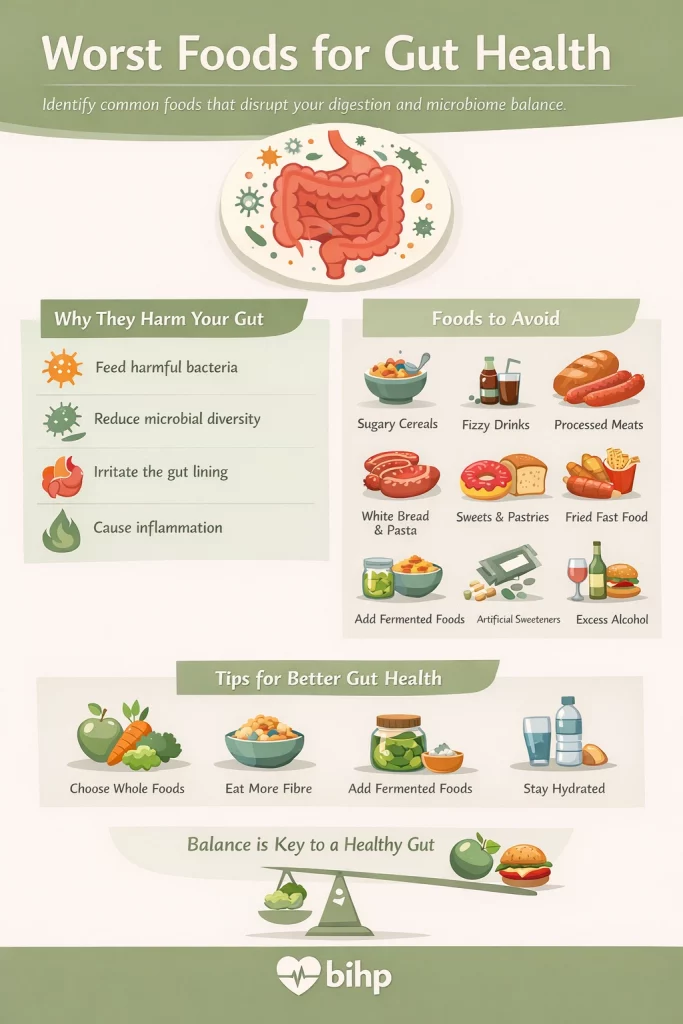 Find out here what the worst foods for gut health, how they disrupt digestion and what to choose instead for long-term balance and wellbeing.