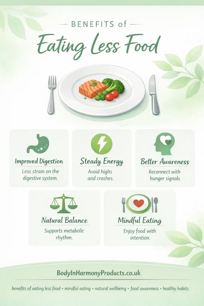 Learn the benefits of eating less food and how mindful portions can support digestion, energy, and natural wellbeing in a balanced way.