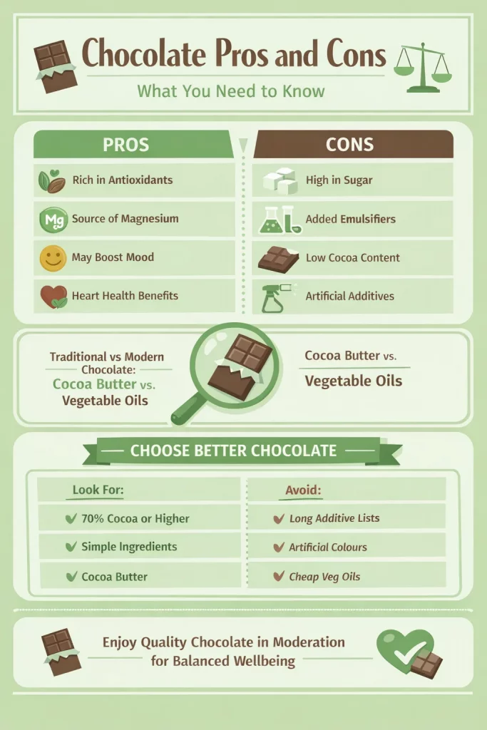Chocolate pros and cons explained simply. Learn how modern chocolate affects your health and how to choose better options for your wellbeing.