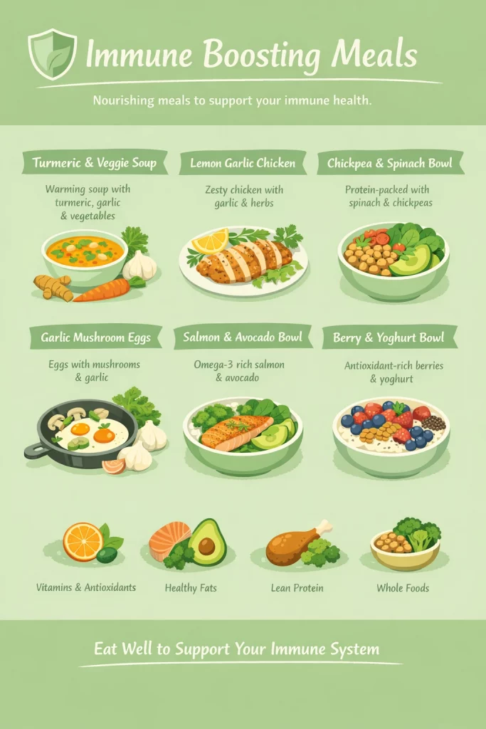 Immune boosting meals made with natural ingredients, vegetables, healthy fats and protein to support energy, wellbeing and everyday health.