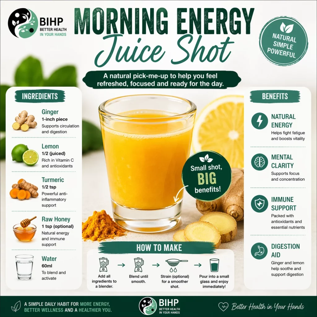 Start your day with a morning energy juice shot made from natural ingredients. A simple way to support energy, focus and everyday wellbeing.