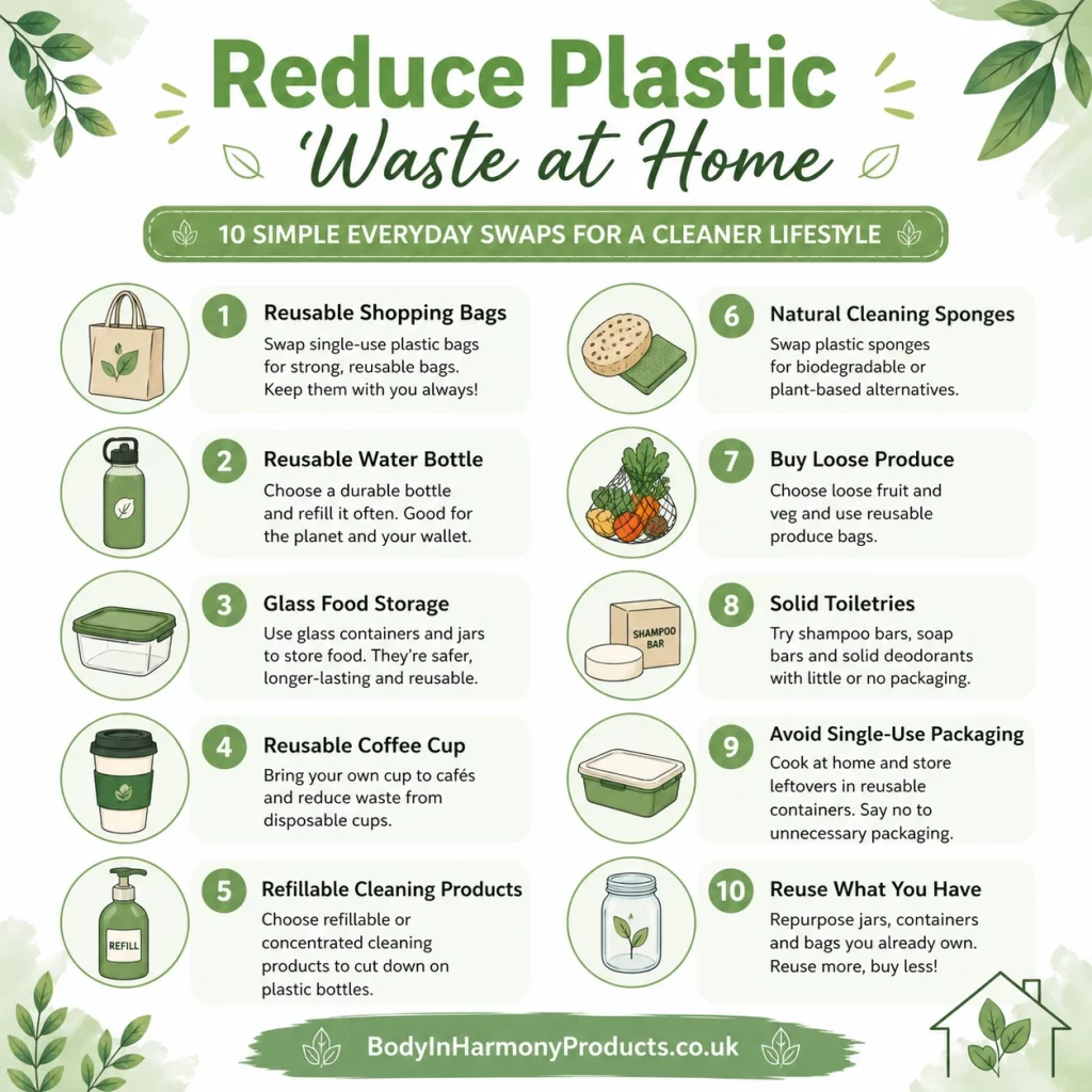 Reduce plastic waste at home with 10 simple, practical swaps that cut waste, save money, and make everyday living more sustainable.