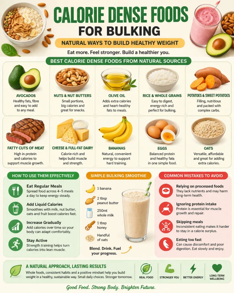Learn how calorie dense foods for bulking can support healthy weight gain using natural, nutrient-rich foods and simple daily habits.