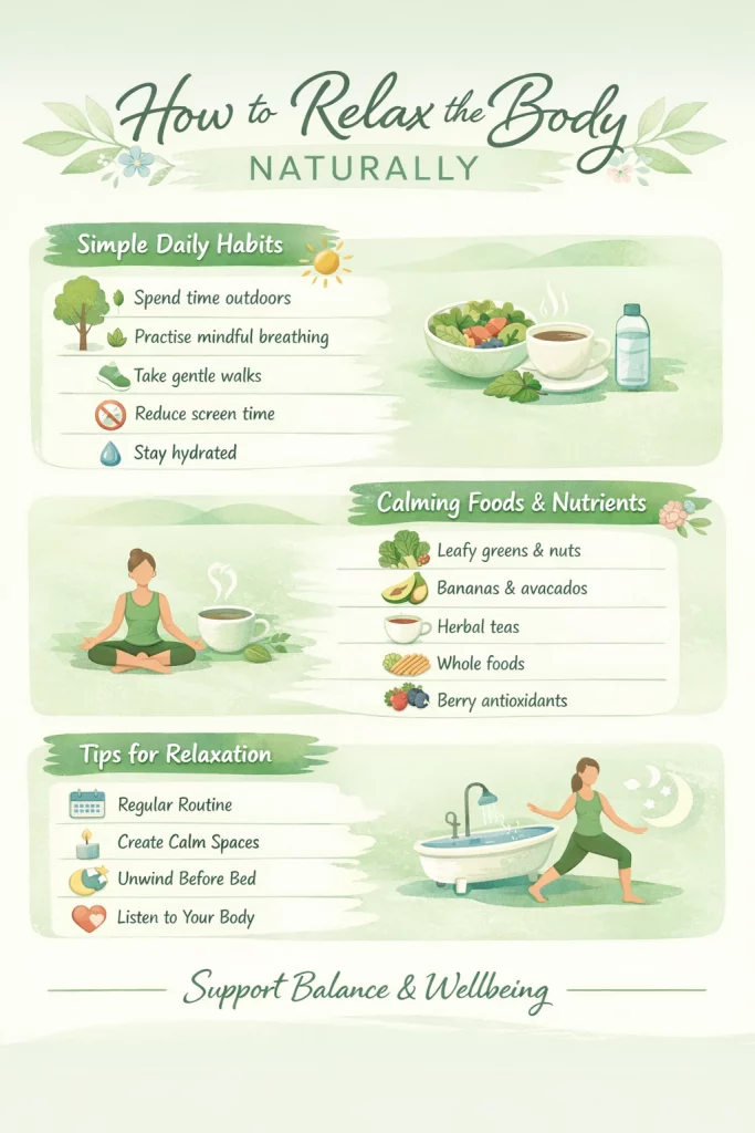 Learn how to relax the body naturally with simple habits, calming foods, and gentle daily routines to support balance and wellbeing.